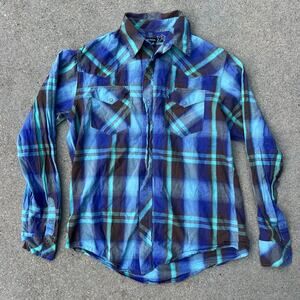 Tin Haul Blue Navy Plaid Snap Front Long Sleeve Cowboy Western Shirt MEDIUM